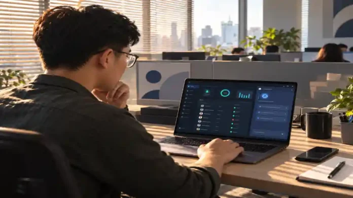 Kỹ sư bảo mật rà soát phân quyền AI agent trên laptop tại văn phòng
