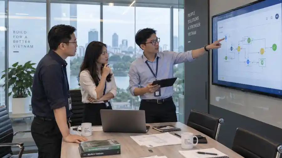 Nhóm kỹ thuật họp rà soát phân quyền AI agent trước khi đưa vào vận hành