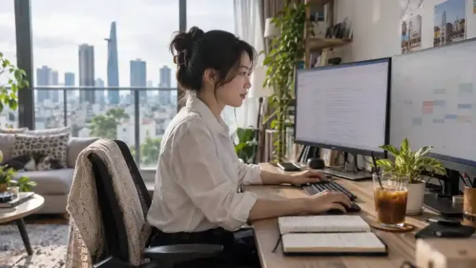 Trợ lý ảo người Việt làm việc từ xa với hai màn hình tại nhà