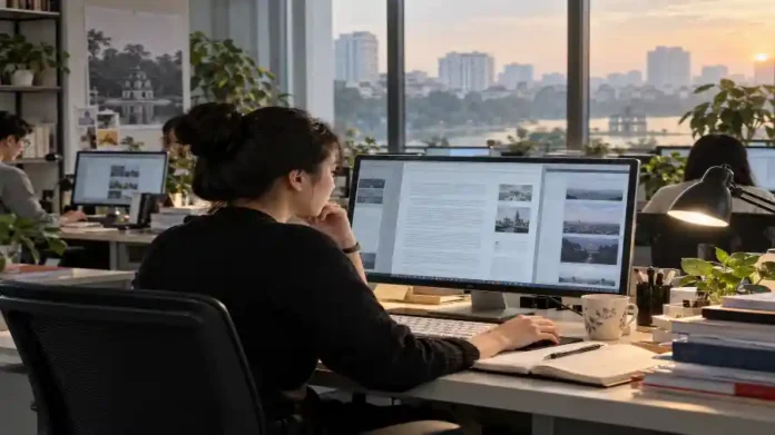 Watermark văn bản AI trên màn hình toà soạn Việt Nam