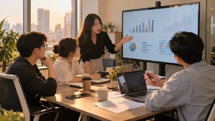 Workflow AI là gì? 7 bước dựng quy trình tự động hoá 2026 1 Workflow AI cho team marketing nhỏ họp bên bảng số liệu