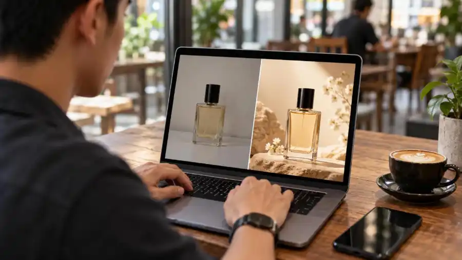 Cận cảnh ảnh sản phẩm AI trước và sau xử lý trên laptop của freelancer tại quán cà phê