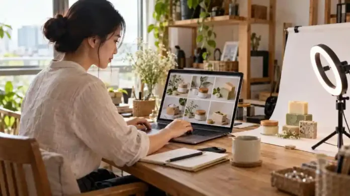 Freelancer Việt làm ảnh sản phẩm AI cho shop mỹ phẩm handmade tại bàn làm việc ở nhà