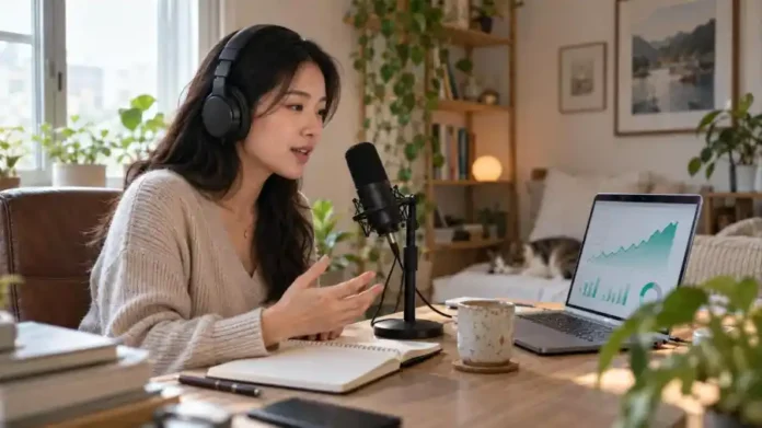 Người phụ nữ Việt thu âm trước micro để bán giọng AI, laptop hiển thị biểu đồ thu nhập