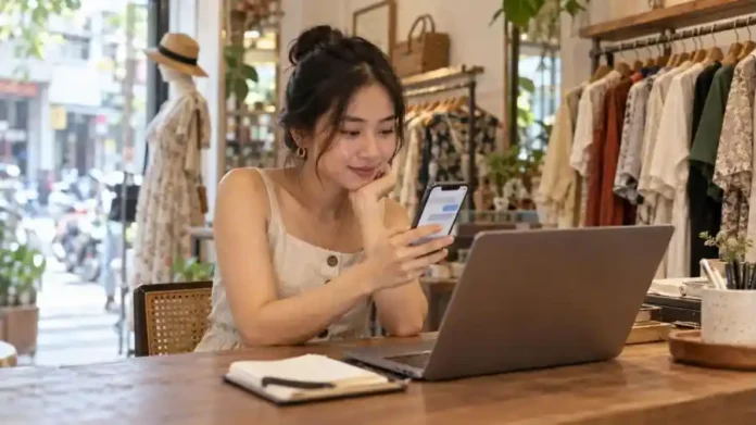Chủ shop thời trang dùng chatbot AI để trả lời tin nhắn khách trên điện thoại và laptop