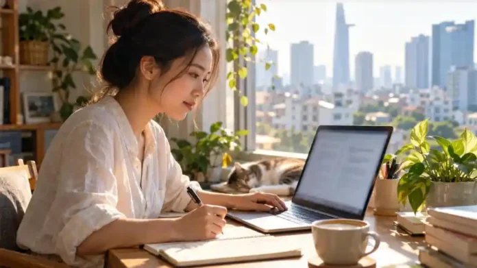 Dịch giả người Việt làm dịch thuật AI tại nhà bên cửa sổ