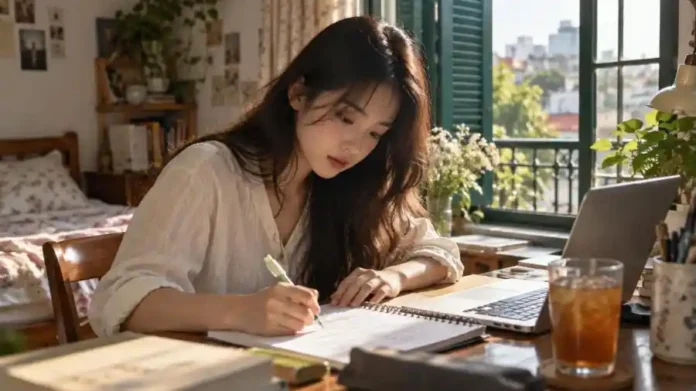 Google AI Plus cho sinh viên — nữ sinh viên Việt học với laptop trong phòng trọ Hà Nội