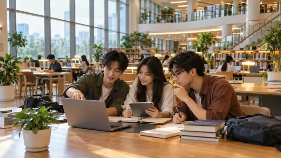 Google AI Plus cho sinh viên — nhóm bạn cùng ôn bài với laptop trong thư viện
