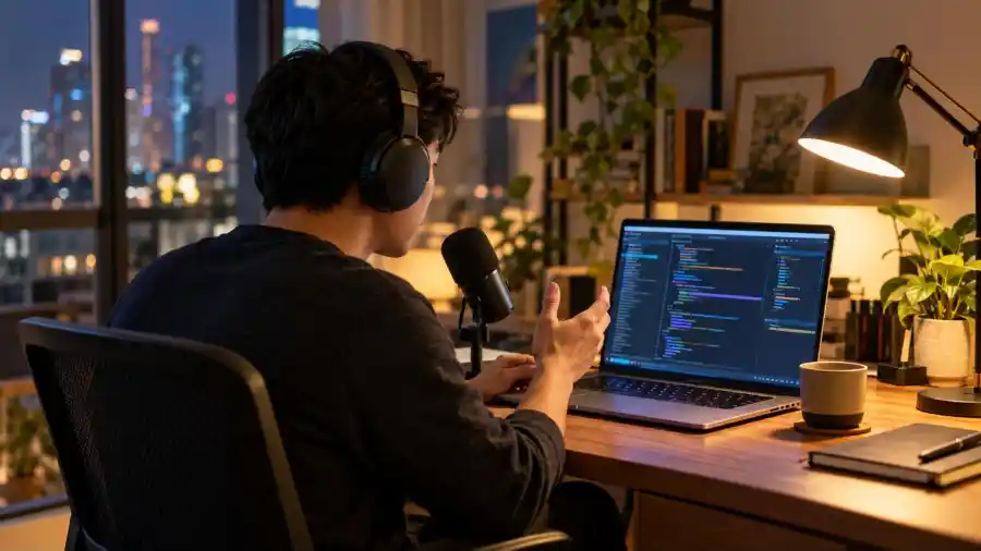 Voxtral 3 của Mistral: giọng nói AI từ 0,0035 USD 1 Kỹ sư Việt Nam đeo tai nghe thử Voxtral 3 trên laptop